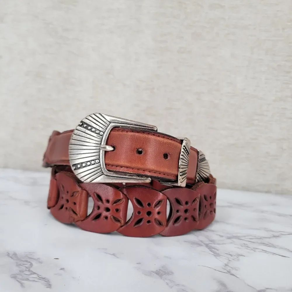Brown Leather Interlock Tab Belt with Silver Toned Aztec Buckle
